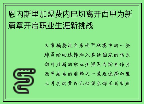 恩内斯里加盟费内巴切离开西甲为新篇章开启职业生涯新挑战