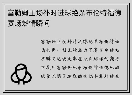 富勒姆主场补时进球绝杀布伦特福德赛场燃情瞬间